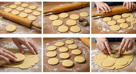 Baking Cookies Step-by-Step: A sequence of close-up photos shows hands carefully cutting out round cookies from rolled dough on a lightly floured surface, next to a rolling pin and cookie cutter.