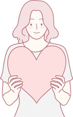 A woman who is joyfully holding a large heart, which symbolizes deep love, kindness, and compassion for others