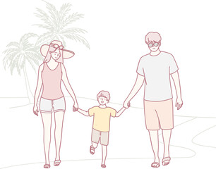 A joyful and cheerful family strolls hand in hand together on a bright and sunny day at the beautiful beach