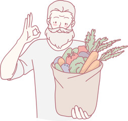 An elderly man proudly presents a large bag filled with fresh vegetables, promoting a healthy lifestyle