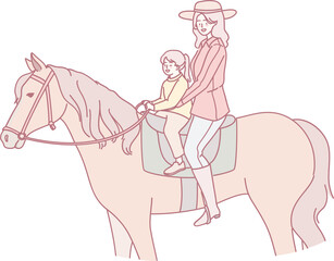 A loving mother and child enjoy a scenic horseback ride together, celebrating family love and connection