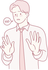A cartoon character prominently displays a clear no gesture, which emphasizes refusal and hesitance effectively