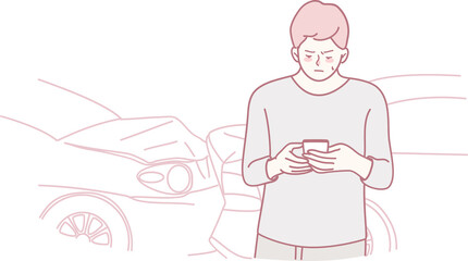 A man intently focuses on his smartphone while standing next to parked cars, showcasing modern distractions everywhere