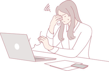 A stressed woman is struggling to resolve ongoing computer issues at her desk, illustrating modern work challenges