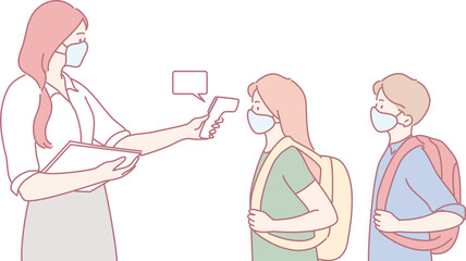 A school scene showing a health check with masked students and staff, promoting safety and wellbeing