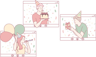 Join us for a lively virtual birthday party with cake, gifts, and colorful balloons in dynamic video frames