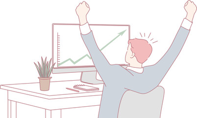 A person stands cheering enthusiastically in front of a rising graph, representing success and achievement at work