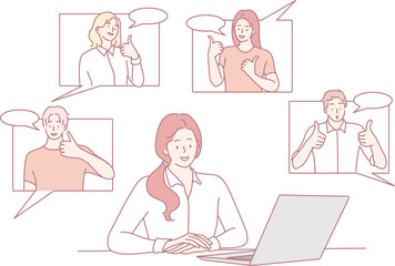 An illustration depicting a person actively participating in virtual meetings with a diverse group of participants