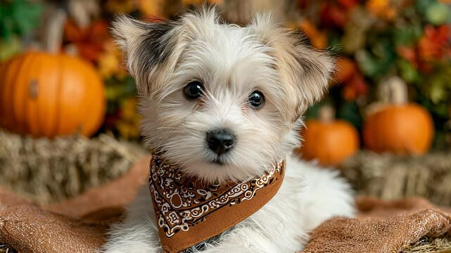 Adorable Havanese Puppy Portrait Wearing Bandana with Pumpkins and Autumn Leaves Background for Fall or Thanksgiving Holiday Season
