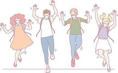 A vibrant illustration of kids joyfully wearing colorful masks, celebrating together with enthusiasm and excitement