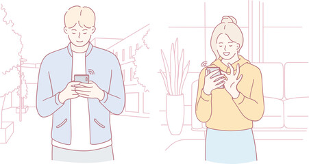 A vibrant scene depicting a man and a woman who are both actively using their smartphones in contemporary settings