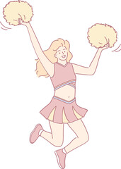 A cheerful cheerleader leaps joyfully, proudly holding her colorful pom poms, embodying the spirit of her performance