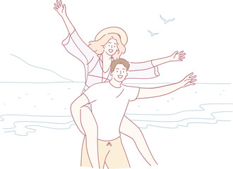 A whimsical illustration of a cheerful couple enjoying a beautiful beach day, capturing joy and togetherness