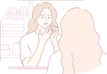 A woman thoughtfully examines her skin in a mirror, emphasizing important moments of selfcare, reflection, and growth