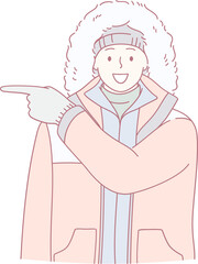 A cheerful character in warm winter clothing with a fluffy hat, enthusiastically pointing to the side