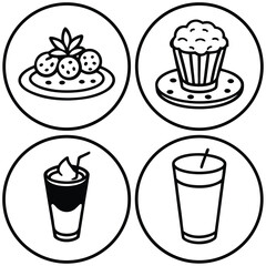 Delectable vector icons of coffee cups and sweet desserts like chocolate cupcakes and strawberry shortcakes