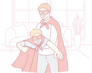 A heartwarming illustration of a father and son dressed as superheroes, showcasing their playful bond.