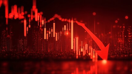 Naklejka premium A stock market chart displays a significant downward trend, emphasized by a large red arrow pointing downwards