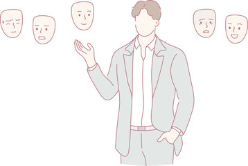 A person depicting a wide range of emotions using colorful and expressive masks in a highly creative setting