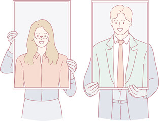 Two individuals holding picture frames in a minimalistic style, showcasing personality and professionalism.