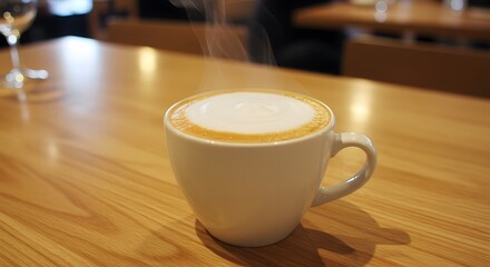 Flat white coffee with velvety microfoam on a restaurant table