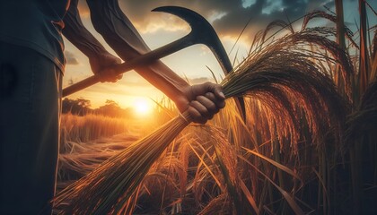 A farmer’s hand gripping a sickle while harvesting tall grass in a rice paddy during sunset.