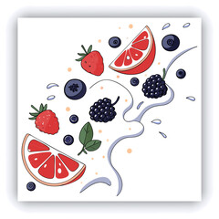 3D illustration of a water splash on a white background. The render showcases an abstract liquid glass wave ribbon with a clear effect, along with a fluid flow featuring a red gradient. Strawber