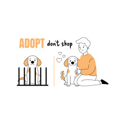 Boy adopts shelter dog – flat vector illustration of compassion and ethical pet rescue