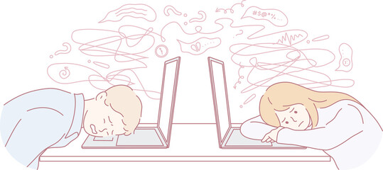 An illustration of two individuals overwhelmed by technology and constant information overload in daily life