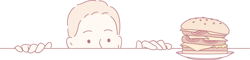 A young child is eagerly waiting with excitement for a delicious hamburger, displaying curiosity and a strong hunger