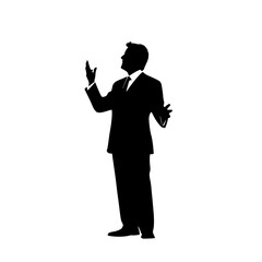 Obraz premium black silhouette of a businessman in a suit and tie standing and gesturing with his hands black, business suit, businessman, gesture, hand, man, silhouette, stand, suit, tie , Generative art.