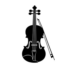 a black silhouette of a violin with a bow black, bow, icon, instrument, silhouette, violin , Generative art.