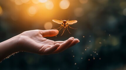 Fototapeta premium World Mosquito A hand gently releases a butterfly against a warm, glowing background.