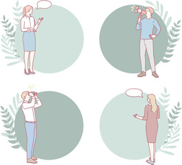 An illustration showcasing diverse groups of people as they communicate and interact in various distinct settings