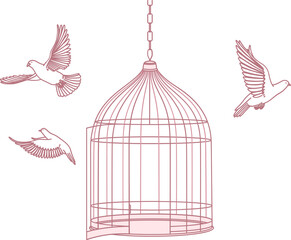An illustration of a birdcage with birds soaring away, symbolizing freedom and liberation from constraints