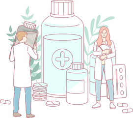 Naklejka na ściany i meble An illustration showcasing healthcare workers surrounded by an array of different medicine bottles and capsules