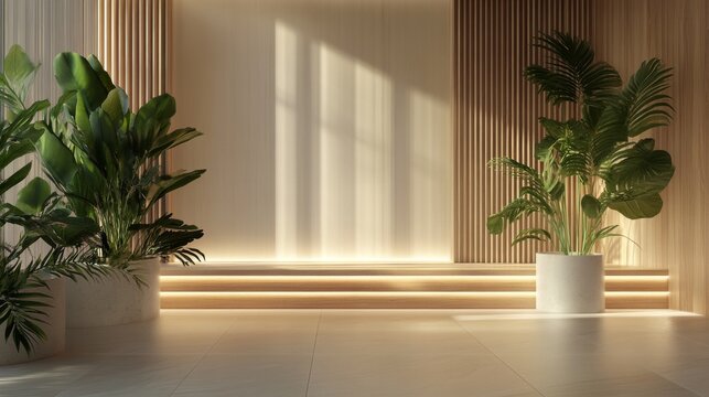 modern minimalistic interior fresh nature green light color with wood elements, green plants, no people and tech, for advertisement of luxury tech brand