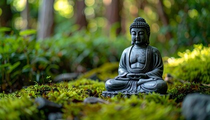 A close-up view of a serene Buddha statue nestled in a tranquil forest, surrounded by lush greenery with a soft blurred background and selective focus, evoking peace, mindfulness, and spiritual calm