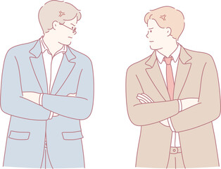 Two businessmen stand with their arms crossed, representing a typical clash often seen in professional environments