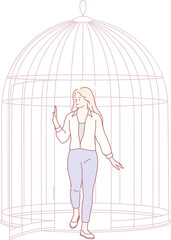 A brave woman steps out of a cage, symbolizing her liberation and journey of selfdiscovery and growth
