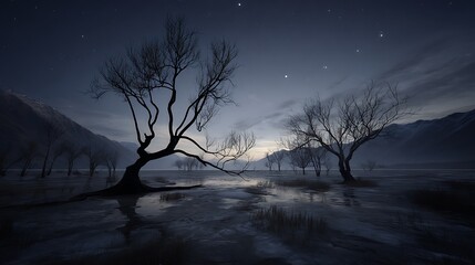 Ethereal landscape with frozen lake trees