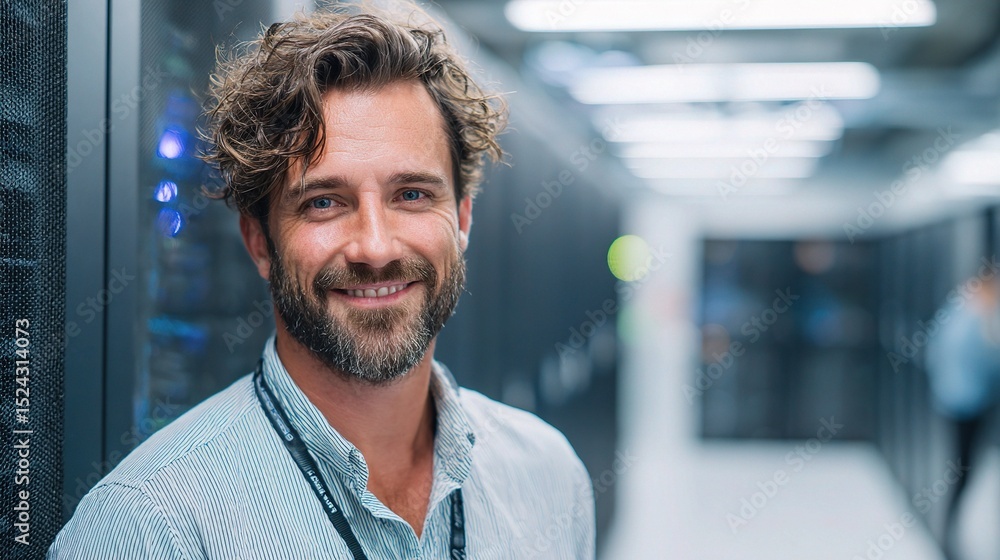 Poster smiling it support engineer in modern server room environment