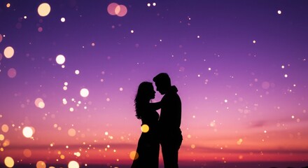Romantic silhouette embrace beneath a radiant sky