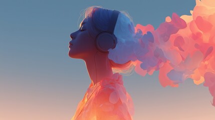 Surreal woman in headphones immersed in sound with dreamlike pastel cloud. Concept of music, meditation, and digital mindfulness for inner balance and creativity