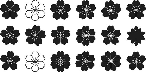Black and White Cherry Blossom Flower Icons Set Design Elements