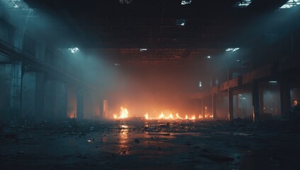 Obraz premium Abandoned factory interior ablaze