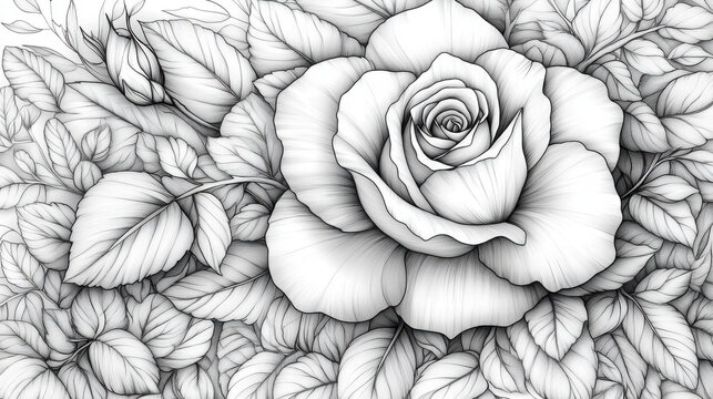 A black-and-white mandala featuring a rose at its center, designed with thick lines for adult coloring and soft greyscale tones suitable for children...