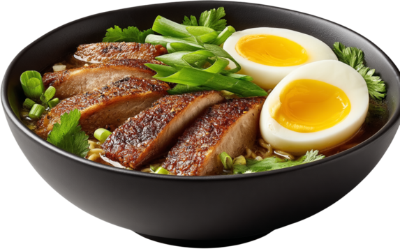 Bowl of ramen with sliced pork, boiled egg, and scallions served in a black bowl, isolated on a plain white background. Perfect for food menus, Asian cuisine branding, and editorial use. PNG and trans