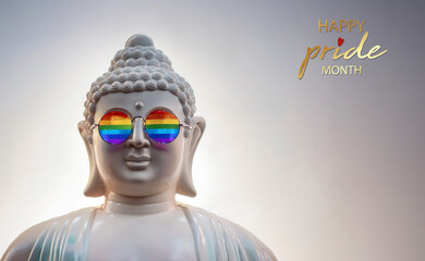 Mystical Buddha statue wear rainbow sunglasses image joyful rendered hyperrealism symbol LGBT. Happy Pride Month banner with copy space for your text 