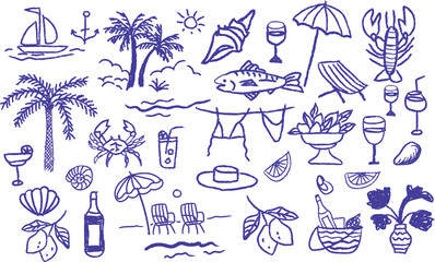 Hand drawn Italian Greek summer vacation illustrations. Vintage doodle elements with lemons, wine, sea food, and palm trees. Chalk, charcoal, grunge sketch art for posters, travel prints, placards.